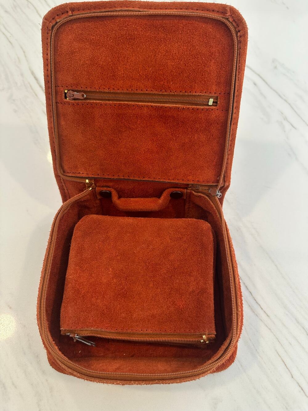 Vintage 1970s Suede Leather Jewelry Travel Case Organizer Made In Hong Kong Boho